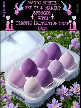 🆕️LAST 1💜 MAGIC PURPLE SET 8 MAKEUP SPONGES BEAUTY BLENDERS IN PROTECTIVE CASE